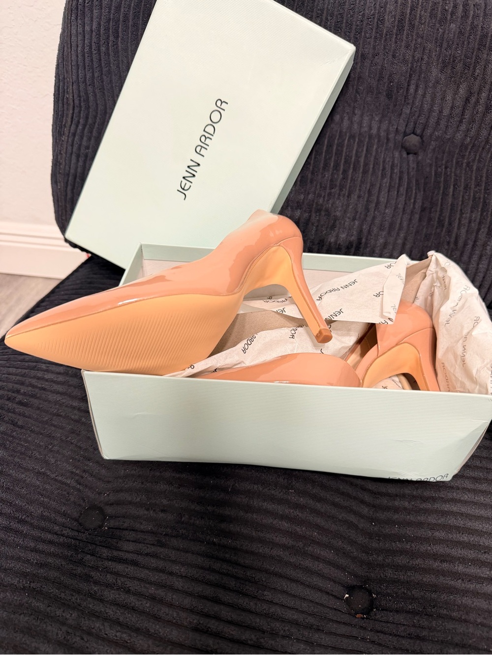 Jenn Ardor Peach Patent Pointed Toe Stiletto Pumps